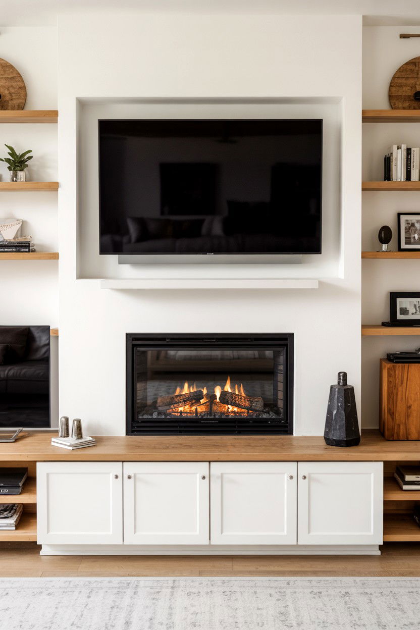 Built In Media Console Below Fireplace with TV Above - 30 fireplace tv wall ideas