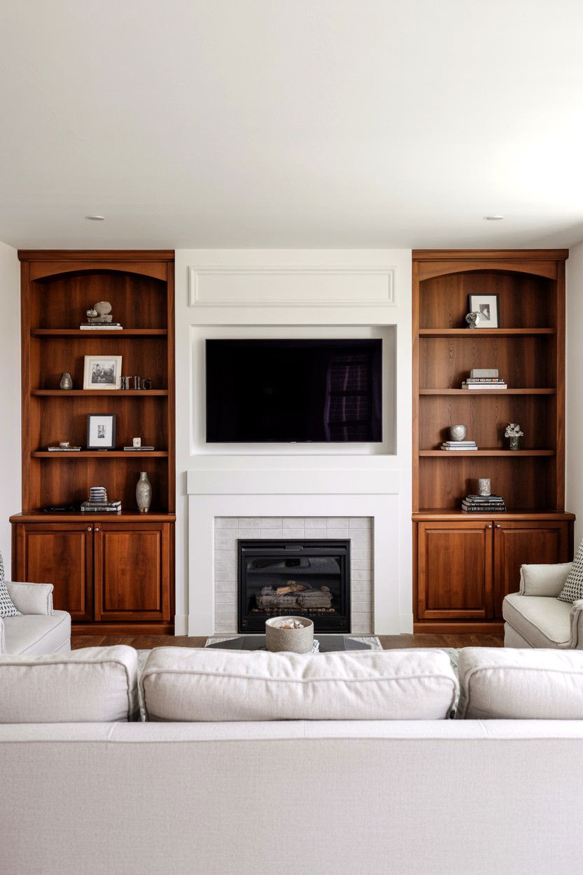 Built In Shelving Frame with Recessed TV Mount - 30 tv over fireplace ideas