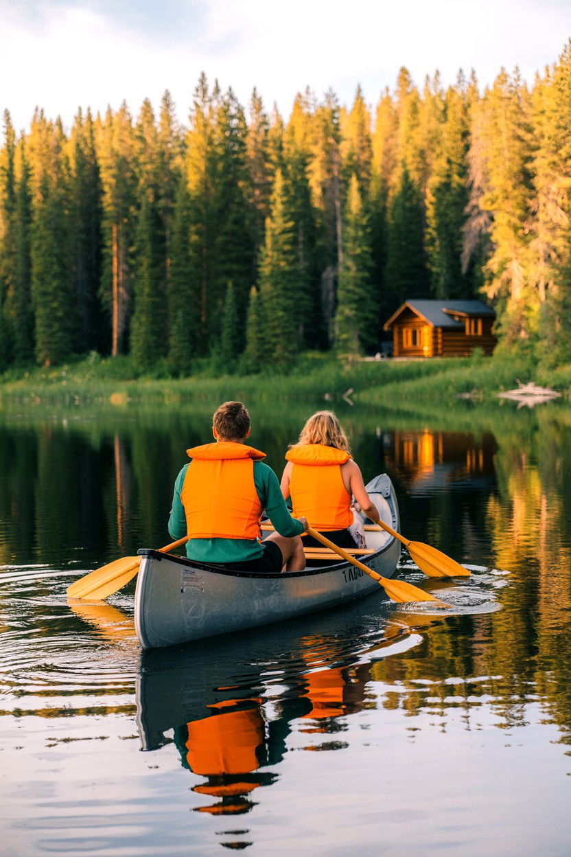 Cabin Lakeside Canoe at Golden Hour - 20-cozy-cabin-trip-ideas-for-couples
