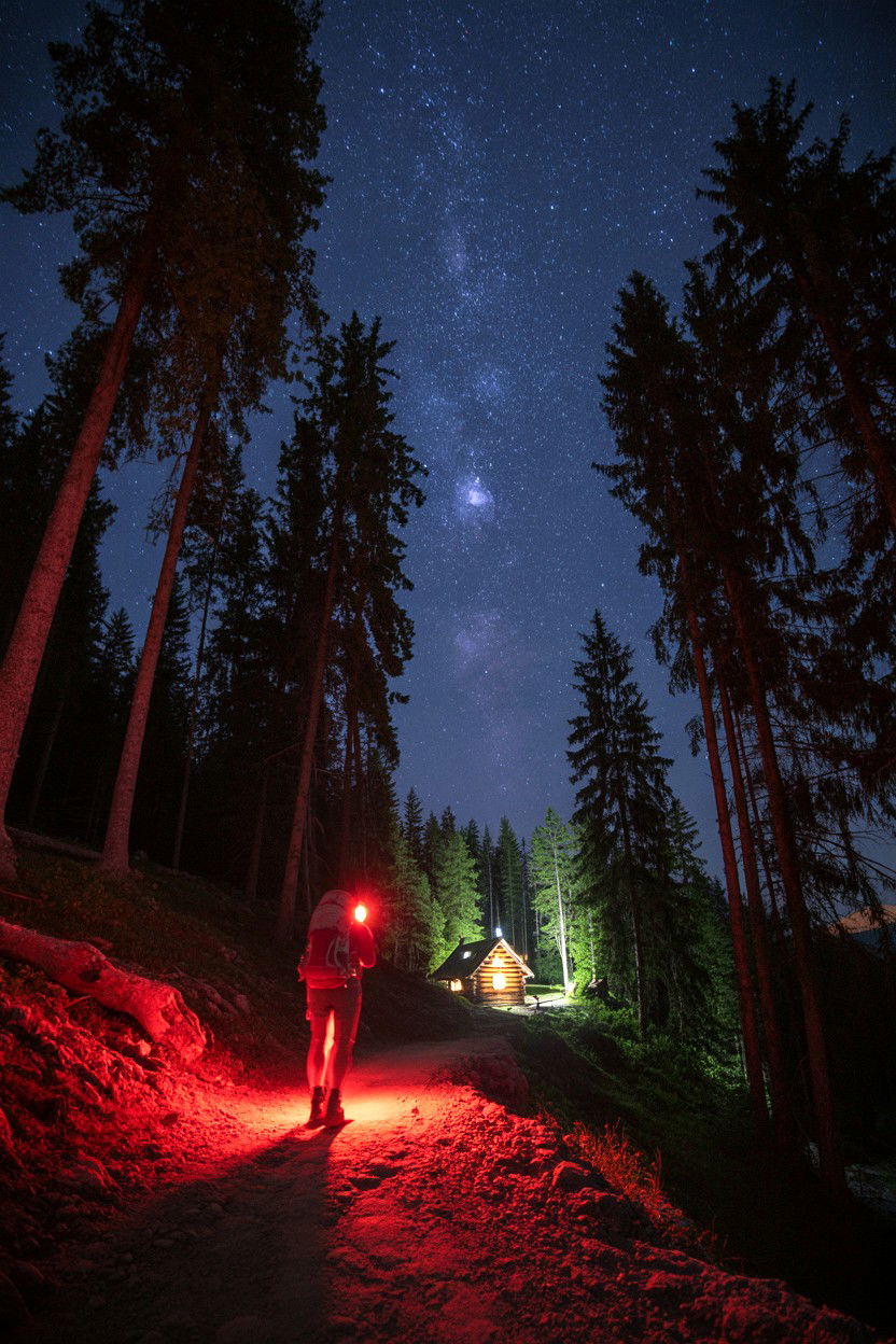 Cabin Night Walk with Red Light - 20-cozy-cabin-trip-ideas-for-couples