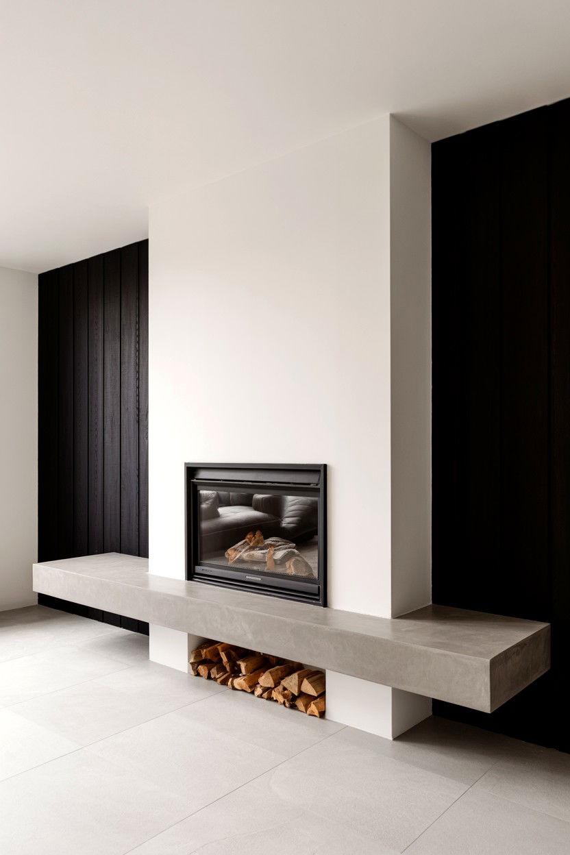 Cantilevered Concrete Mantle with Integrated Storage - 30 fireplace mantle ideas