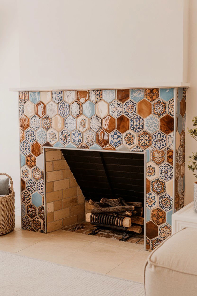 Ceramic Tile Surround with Geometric Patterns - 30 fireplace ideas