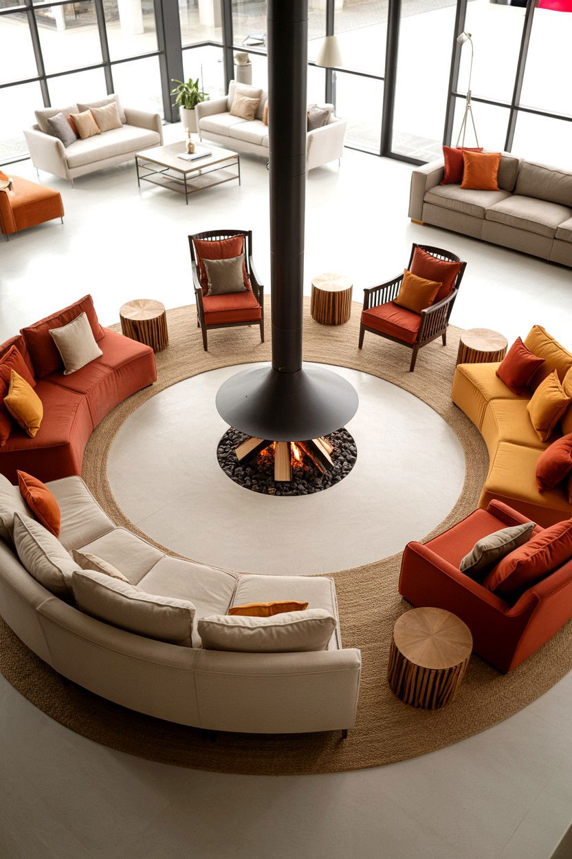 Circular Conversation Area Around Central Fireplace - 30 living room layout with fireplace ideas