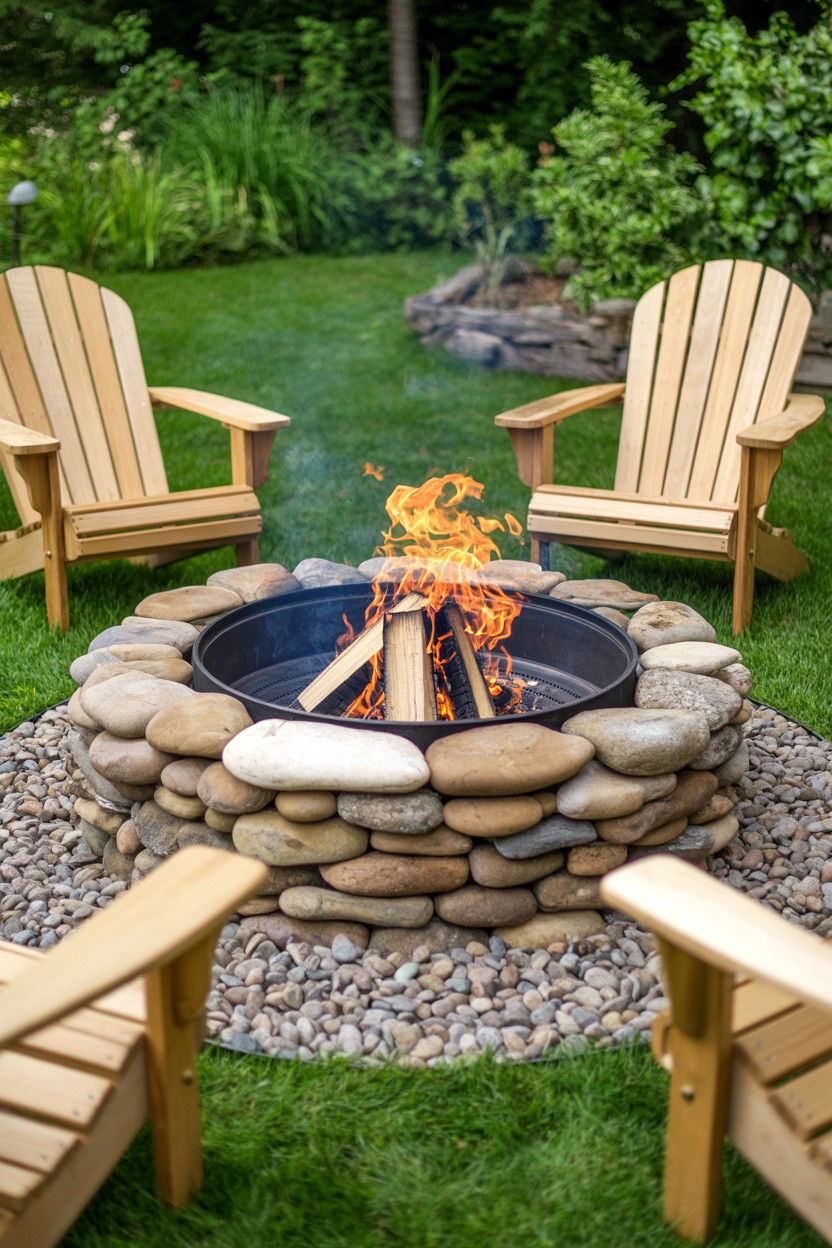 Circular Stone Fire Pit with Natural Rock Border - 30 fire pit ideas