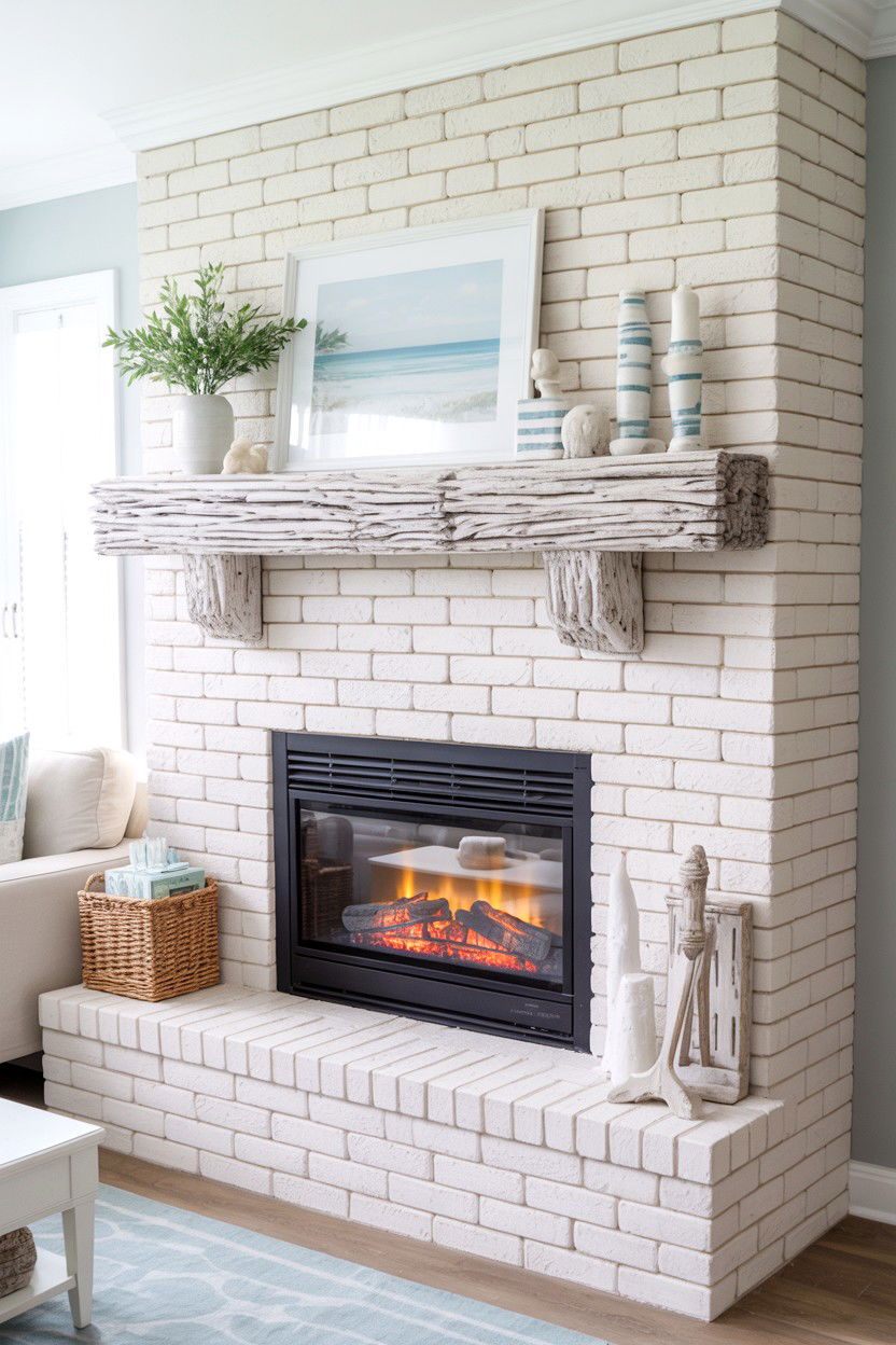 Coastal White Brick with Driftwood Mantel - 30 best fake fireplace ideas