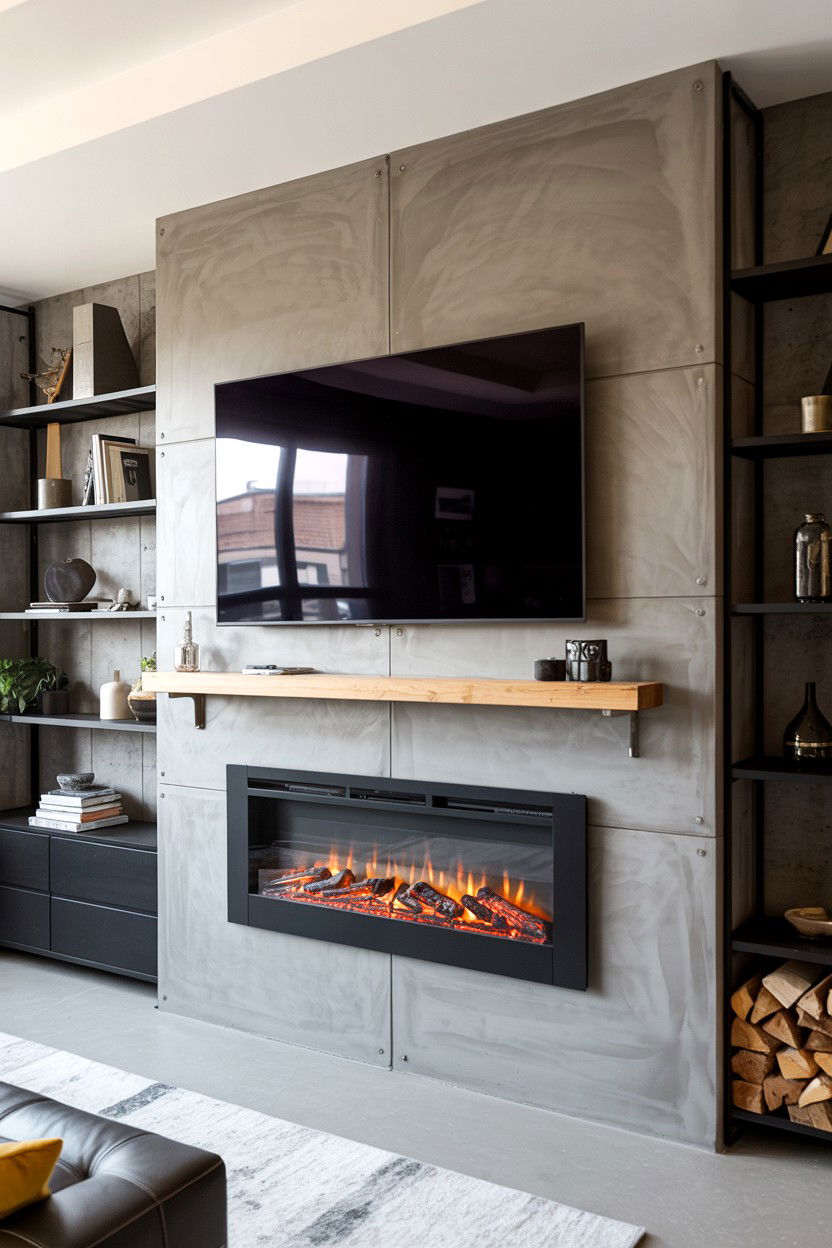 Concrete Panel Wall With Industrial Modern Fireplace - 30 electric fireplace ideas with tv