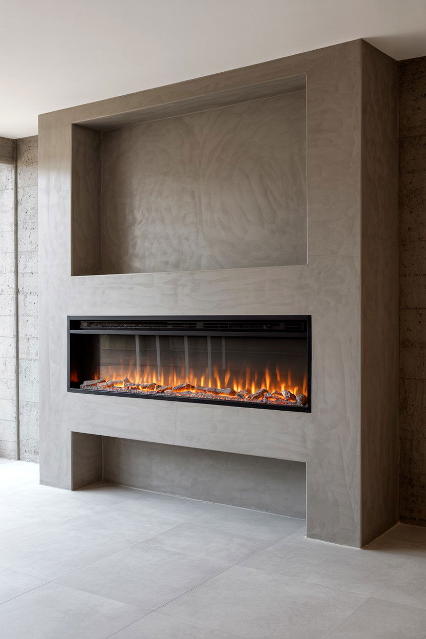 Concrete Surround with Horizontal Linear Flames - 30 faux fireplace ideas