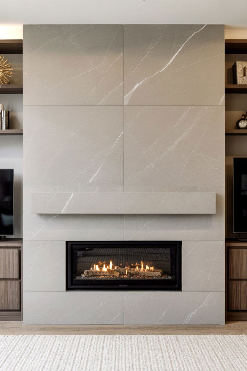 Contemporary Quartz Slab Full Wall Application - 30 gas fireplace ideas