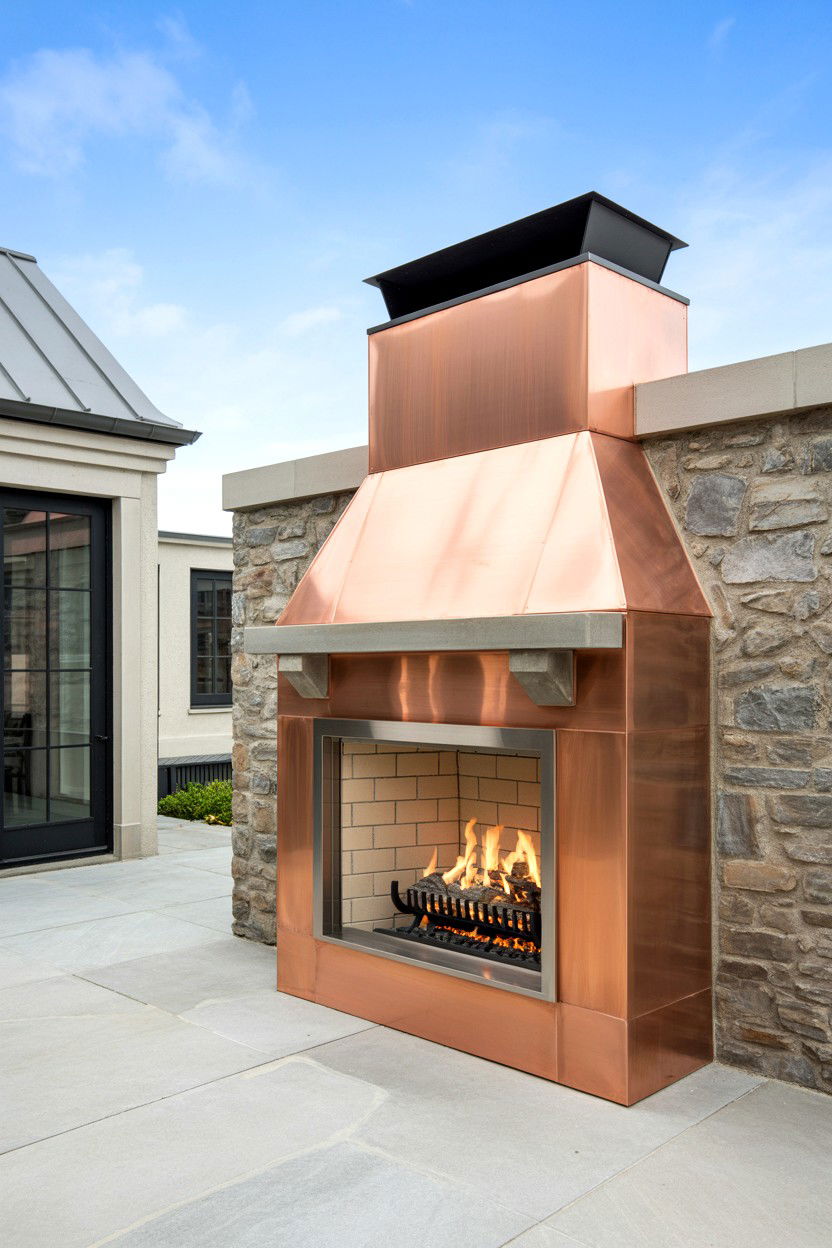 Copper Accented Contemporary Fireplace - 30 outdoor fireplace ideas