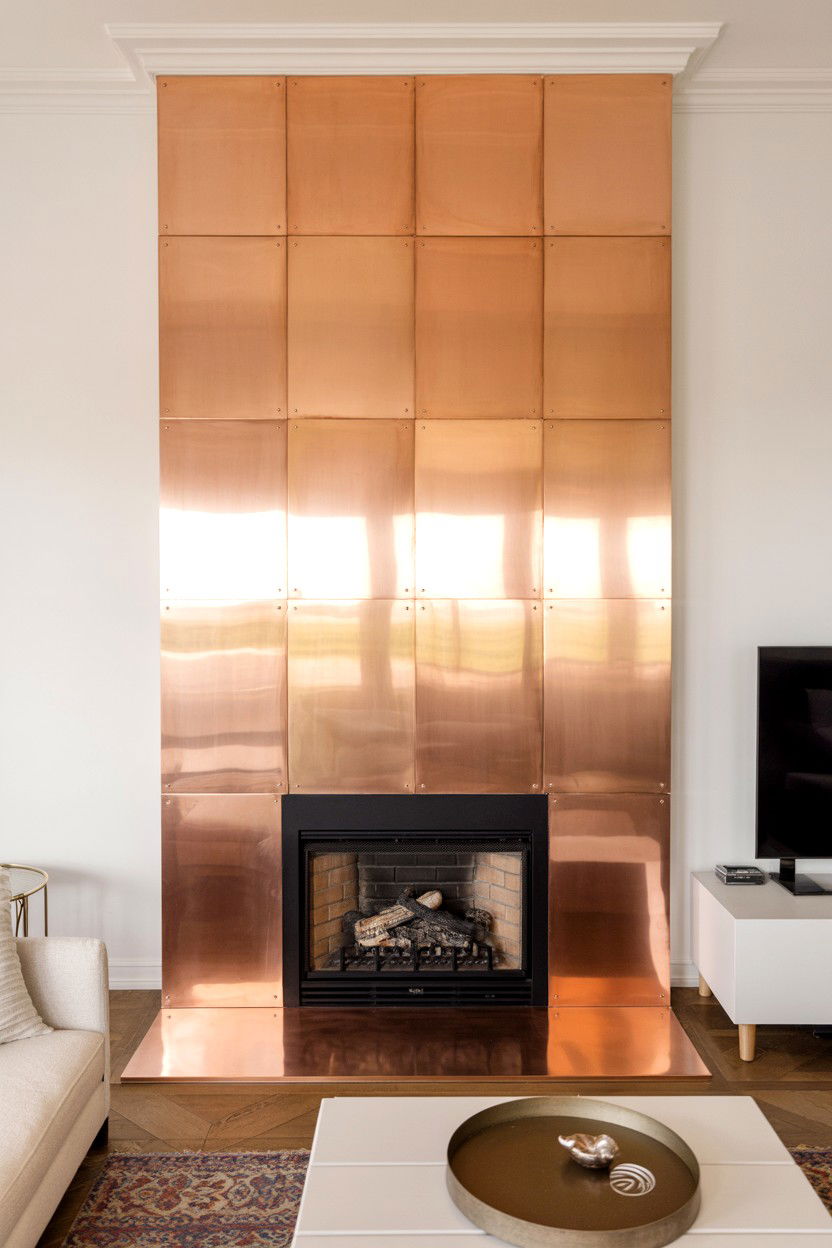Copper Panel Warm Metallic Accent - 30 fireplace wall ideas