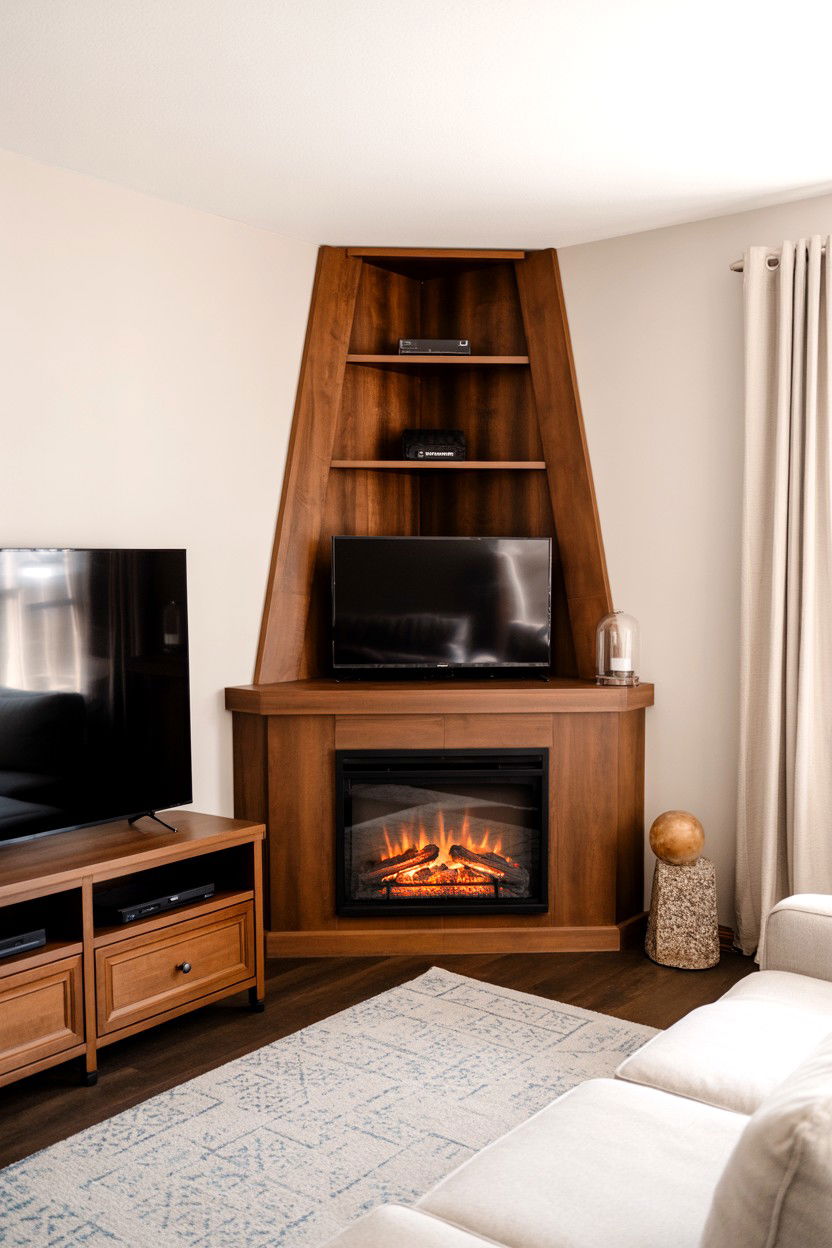Corner Electric Fireplace with Built In Media Console - 30 faux fireplace ideas
