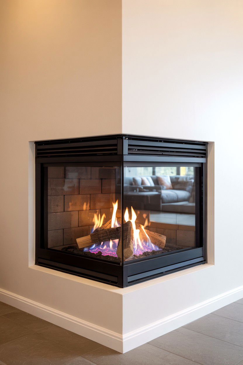 Corner Installation with Angled Glass Viewing - 30 best gas fireplace ideas
