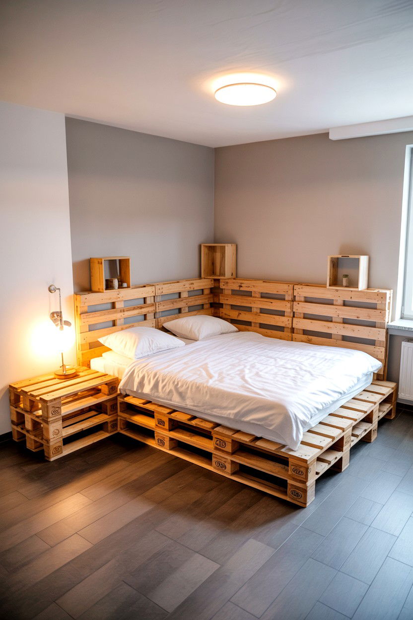 Corner L Shaped Pallet Bed with Extended Frame Design - 30 pallet bed ideas