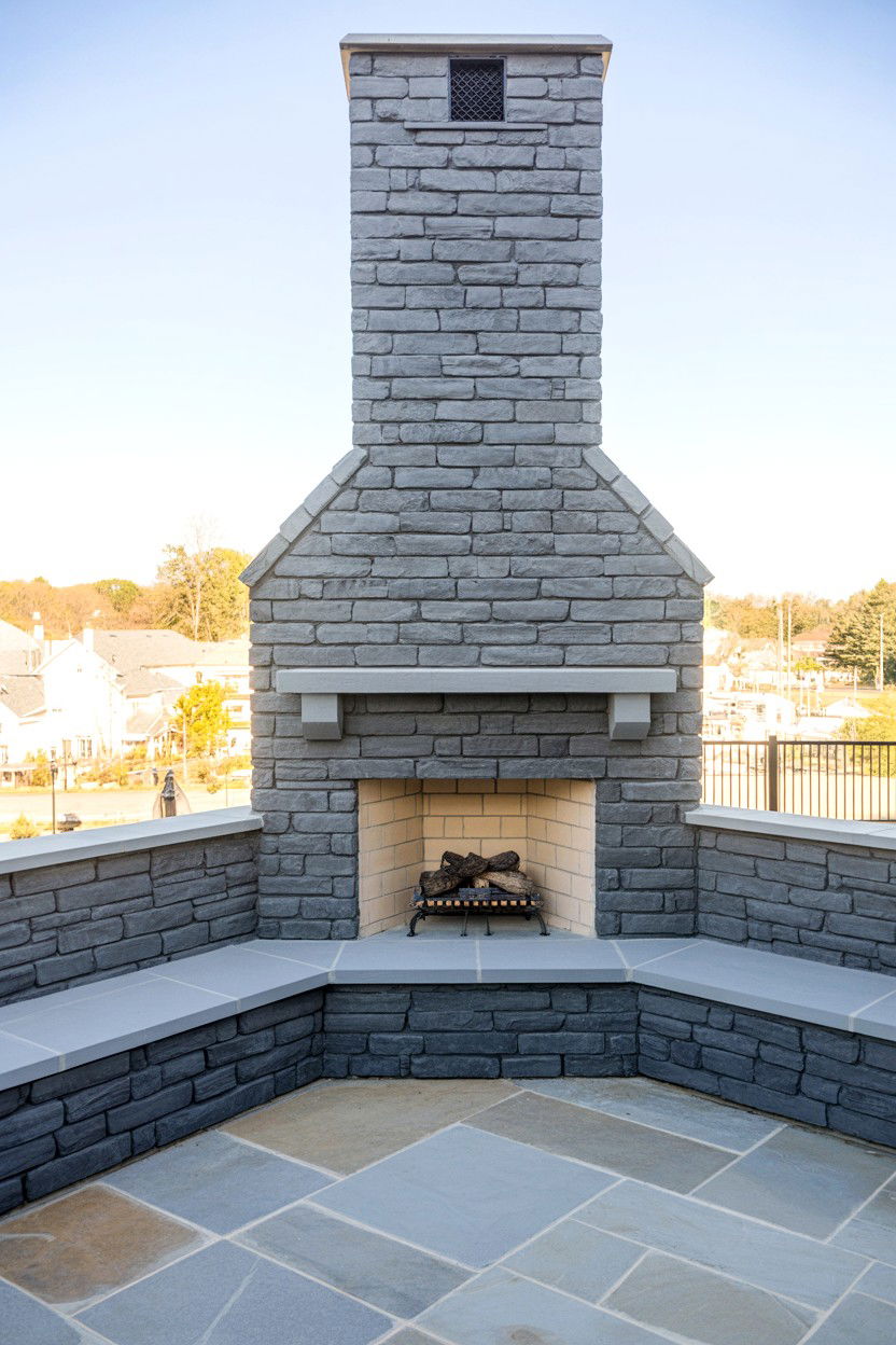 Corner Stone Fireplace with Built In Seating - 30 outdoor fireplace ideas