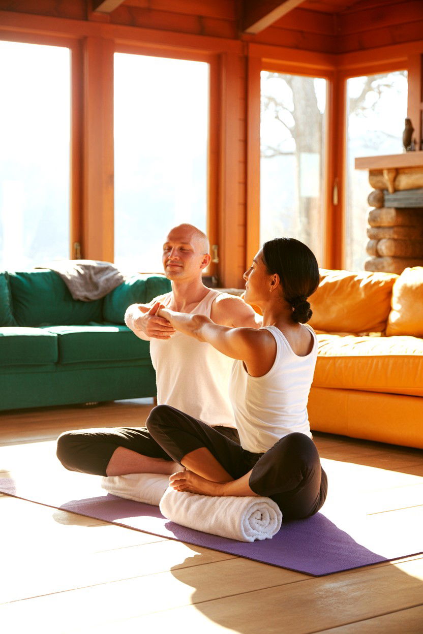 Couples Yoga and Stretch Flow - 20-cozy-cabin-trip-ideas-for-couples