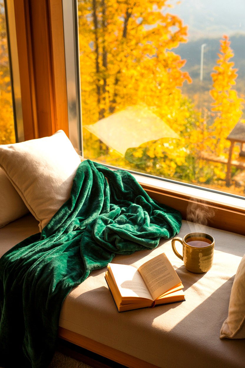Cozy Reading by Window - 20-fall-foliage-cozy-cabin-trip-ideas