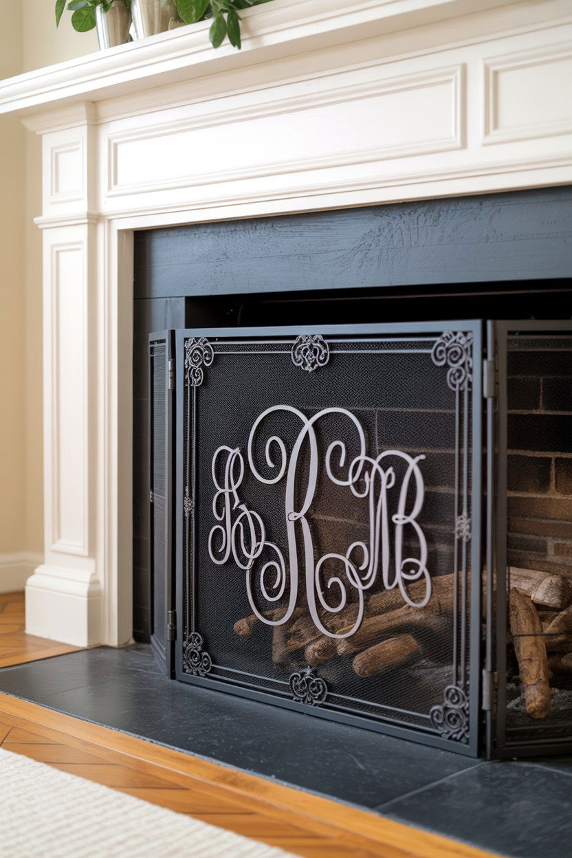 Custom Monogrammed Screen - 30 fireplace screen ideas
