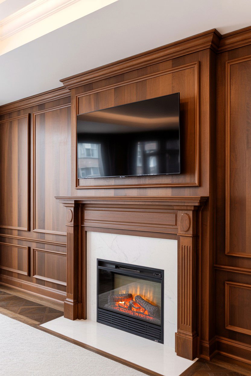 Dark Wood Paneling With Traditional Mantel Surround - 30 electric fireplace ideas with tv