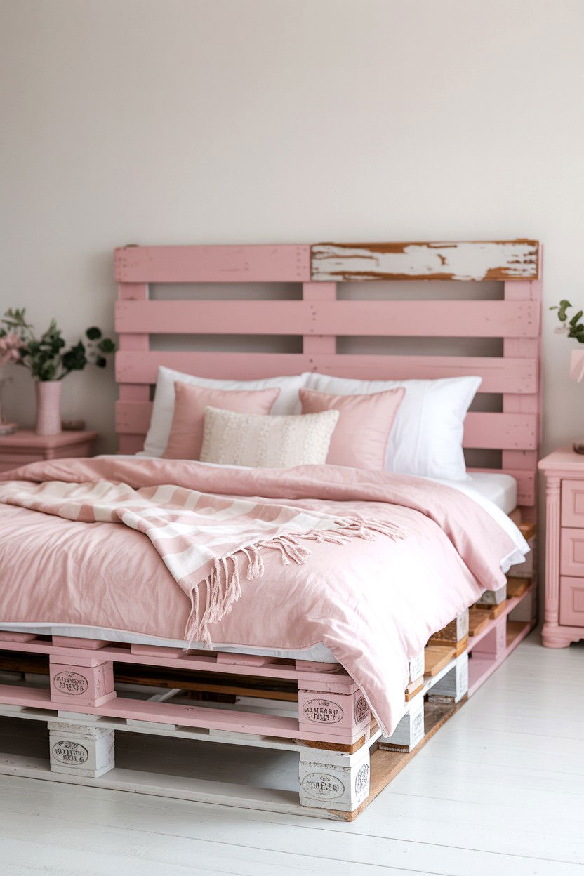 Distressed Painted Pallet Bed with Shabby Chic Finish - 30 pallet bed ideas