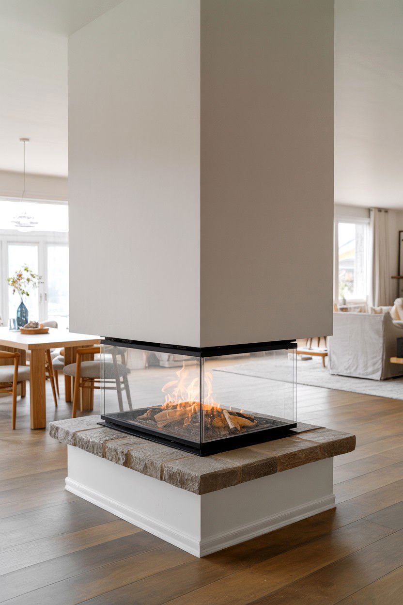 Double Sided Transparent Fireplace for Open Spaces - 30 cozy fireplace ideas