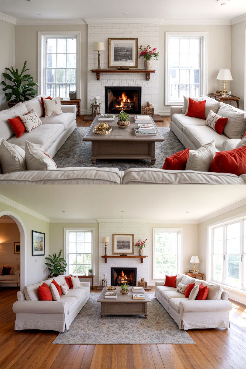 Dual Seating Areas With Fireplace As Connector - 30 living room layout with fireplace ideas