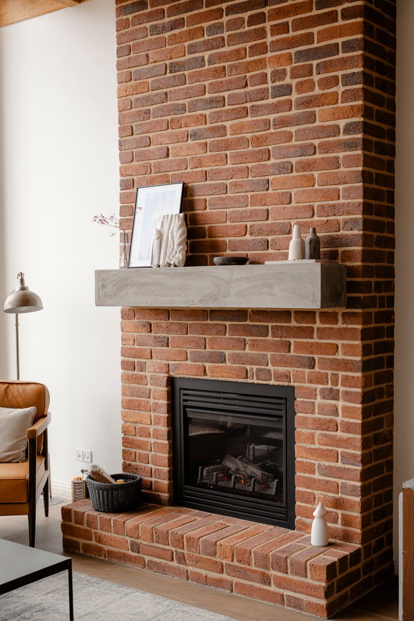 Exposed Brick with Floating Concrete Mantel - 30 brick fireplace ideas