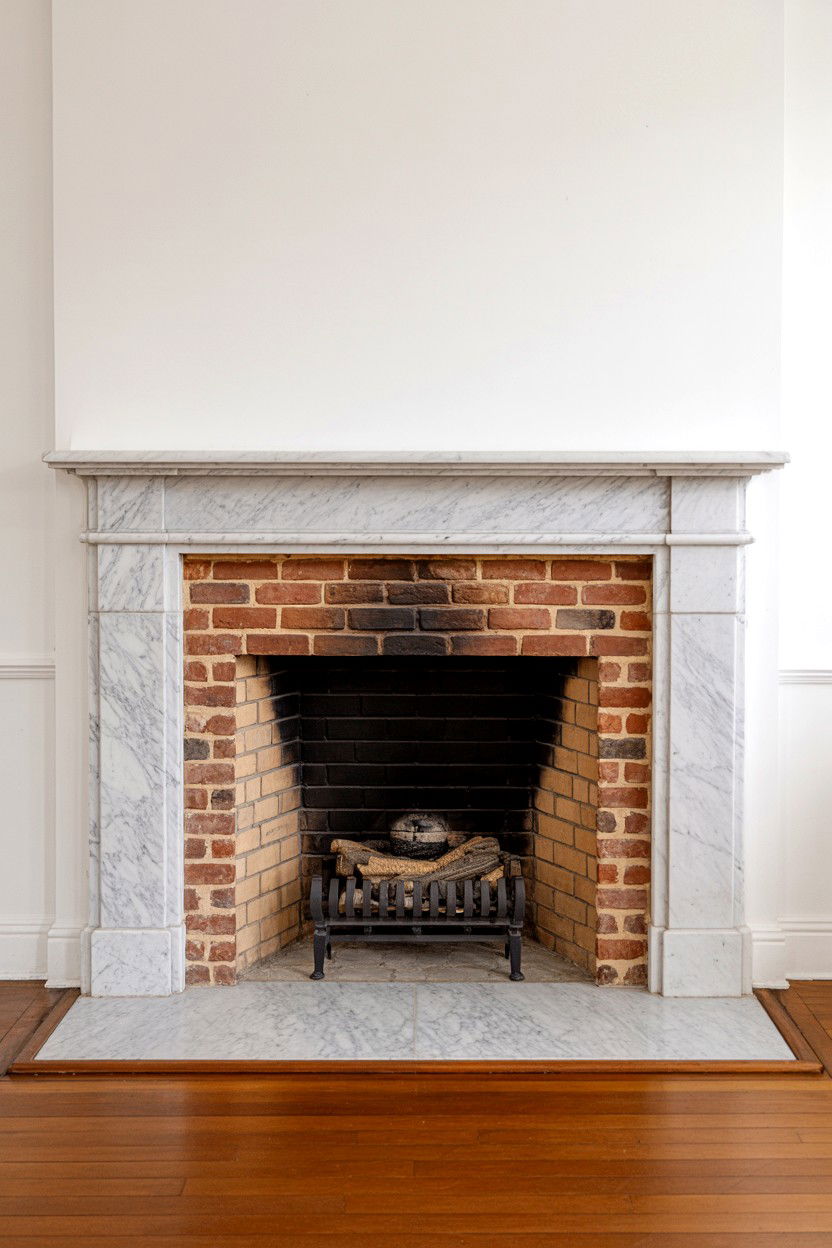 Exposed Brick with Marble Hearth and Surround - 30 brick fireplace ideas