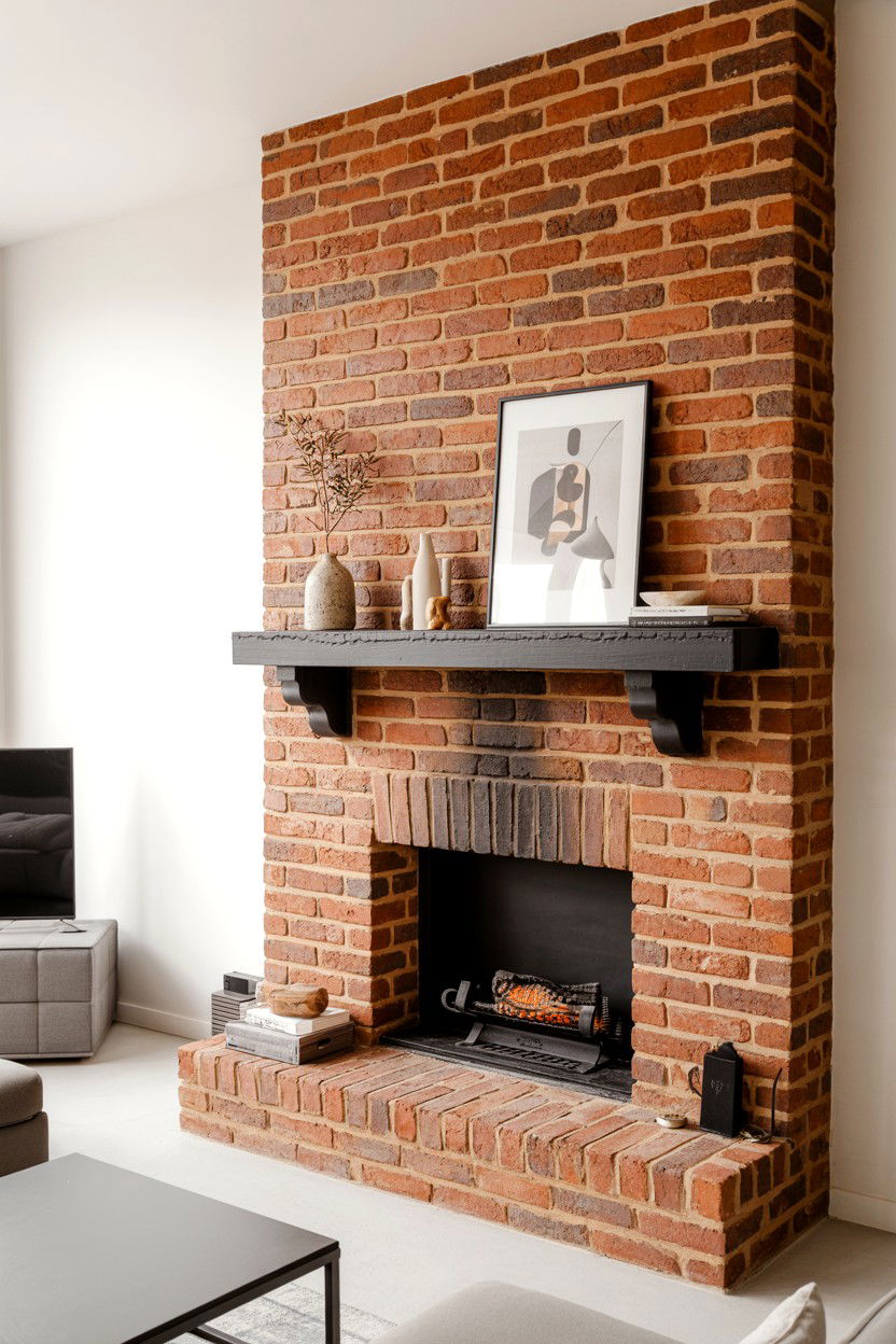 Exposed Brick with Minimalist Black Mantel - 30 brick fireplace ideas