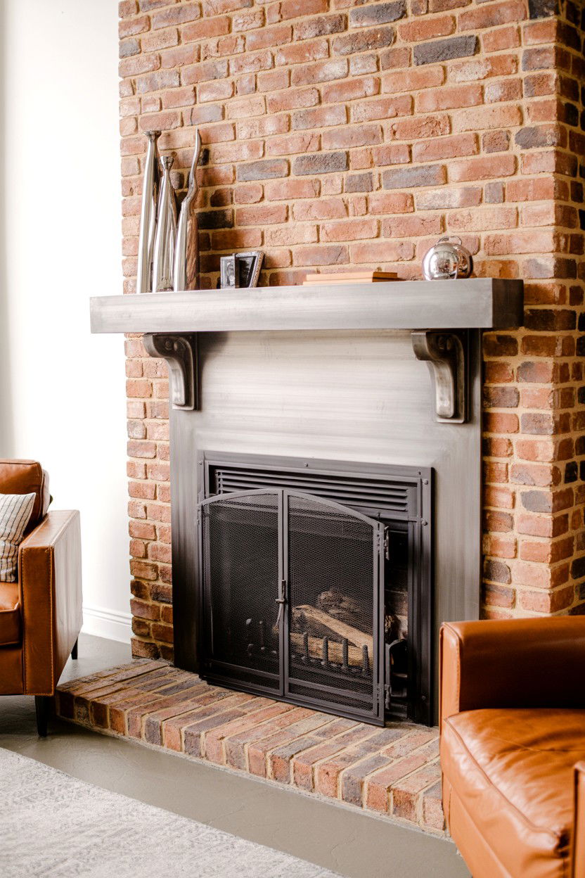 Exposed Brick with Steel Mantel and Accents - 30 brick fireplace ideas