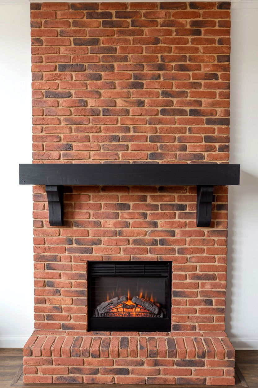 Faux Exposed Brick with Black Mantel - 30 best fake fireplace ideas