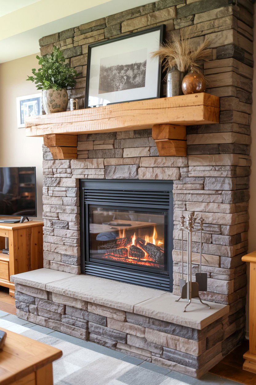 Faux Stone Veneer with Rustic Timber Mantel - 30 best fake fireplace ideas
