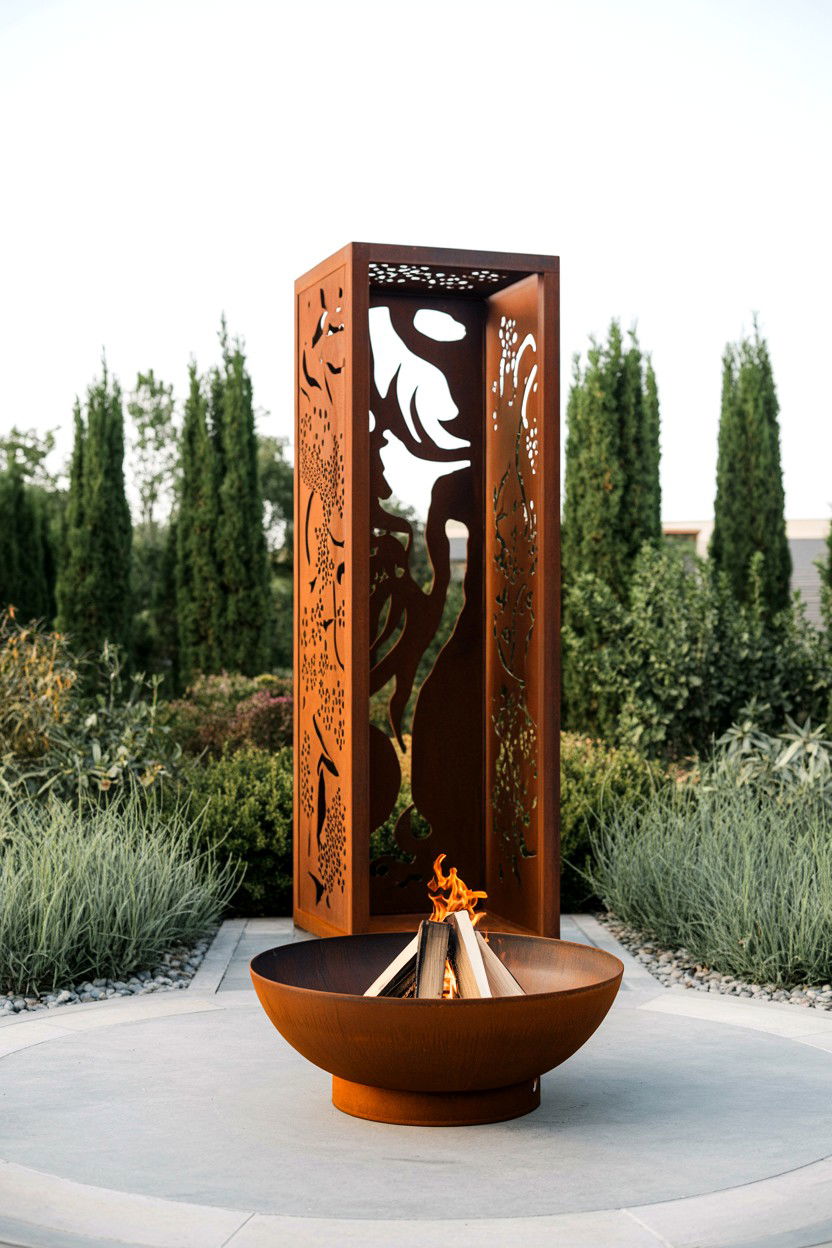 Fire Pit with Artistic Metal Sculpture - 30 fire pit ideas