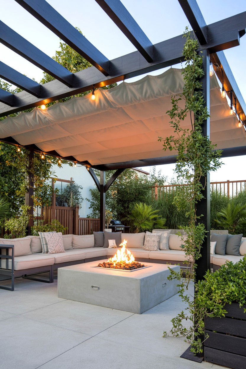 Fire Pit with Pergola and Retractable Canopy - 30 fire pit ideas