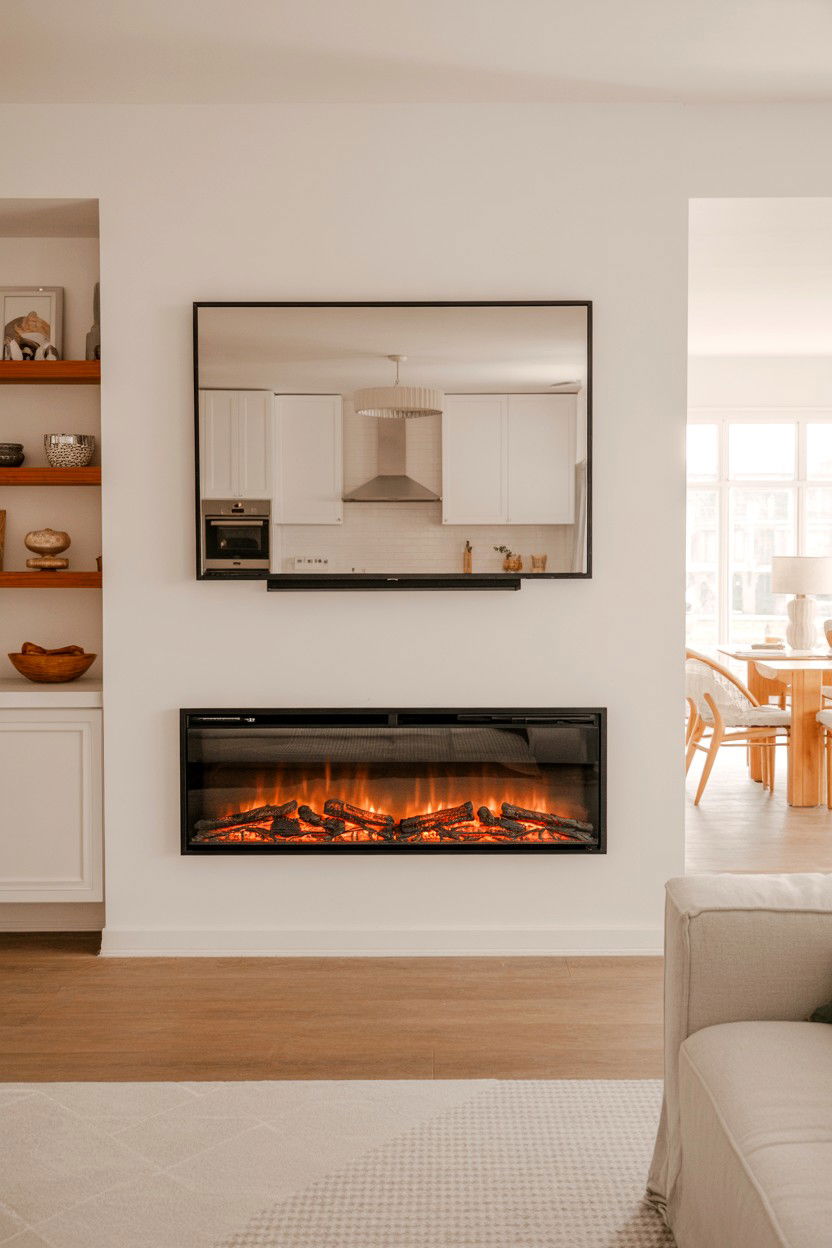 Fireplace Positioned Between Kitchen and Living Areas - 30 best electric fireplace ideas