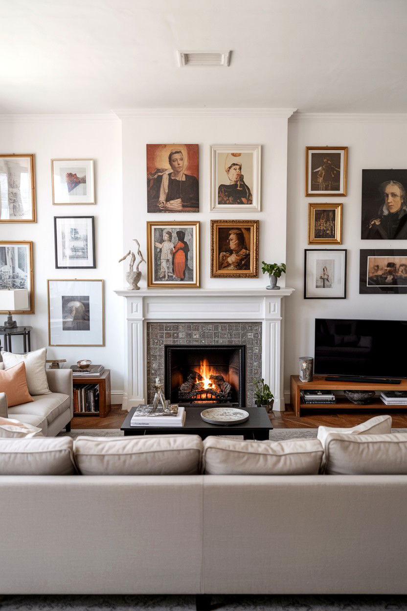 Fireplace With Gallery Wall And Seating Below - 30 living room layout with fireplace ideas