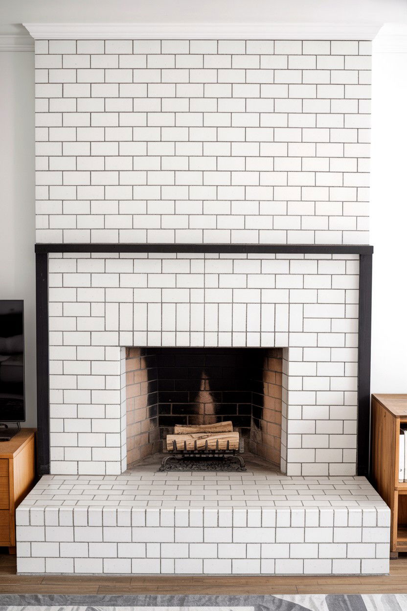 Fireplace with Contrasting Colored Grout for Tile Emphasis - 30 cozy fireplace ideas