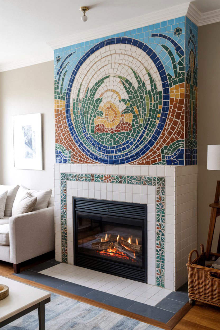 Fireplace with Custom Mosaic Tile Artistic Statement - 30 cozy fireplace ideas