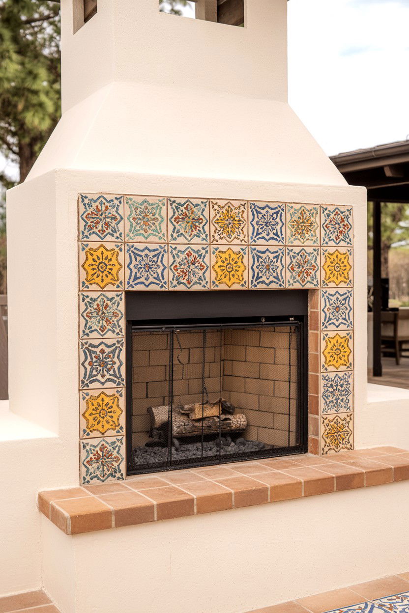 Fireplace with Decorative Tile Accents - 30 outdoor fireplace ideas