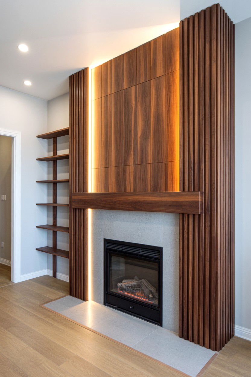 Fireplace with Floating Wood Panel Wall Cladding - 30 cozy fireplace ideas