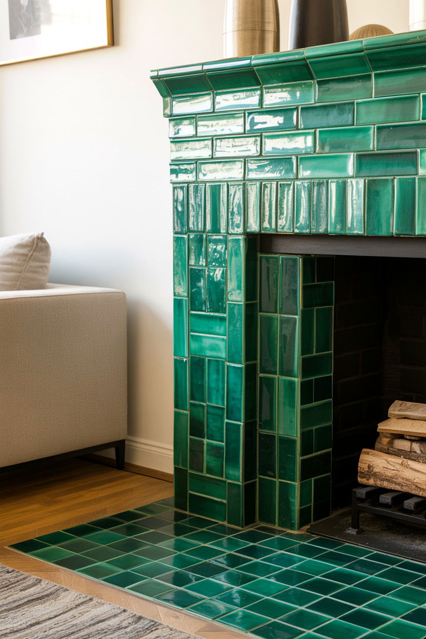 Fireplace with Glossy Ceramic Tile in Bold Colors - 30 cozy fireplace ideas