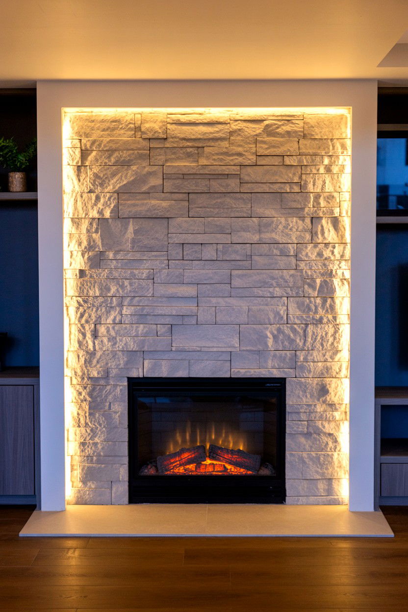 Fireplace with LED Backlighting Behind Surround Panels - 30 cozy fireplace ideas