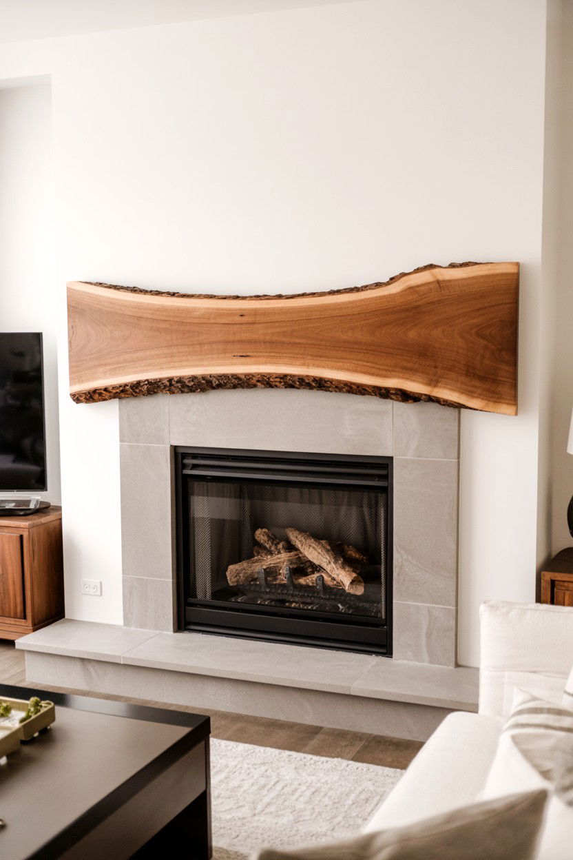 Fireplace with Live Edge Wood Mantel Showcasing Nature - 30 cozy fireplace ideas