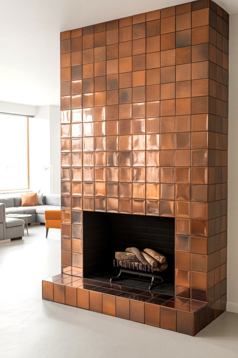 Fireplace with Metallic Tile or Copper Surround - 30 cozy fireplace ideas