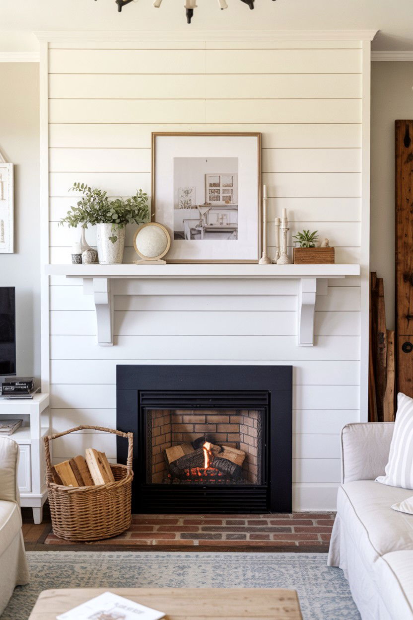 Fireplace with Shiplap Accent Wall Surrounding - 30 cozy fireplace ideas