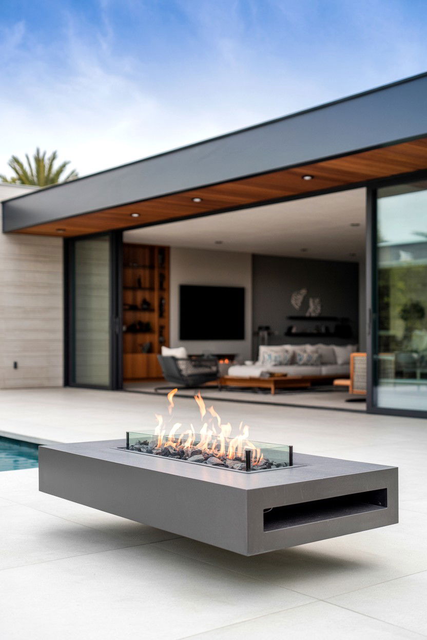 Floating Firebox with Cantilevered Design - 30 outdoor fireplace ideas