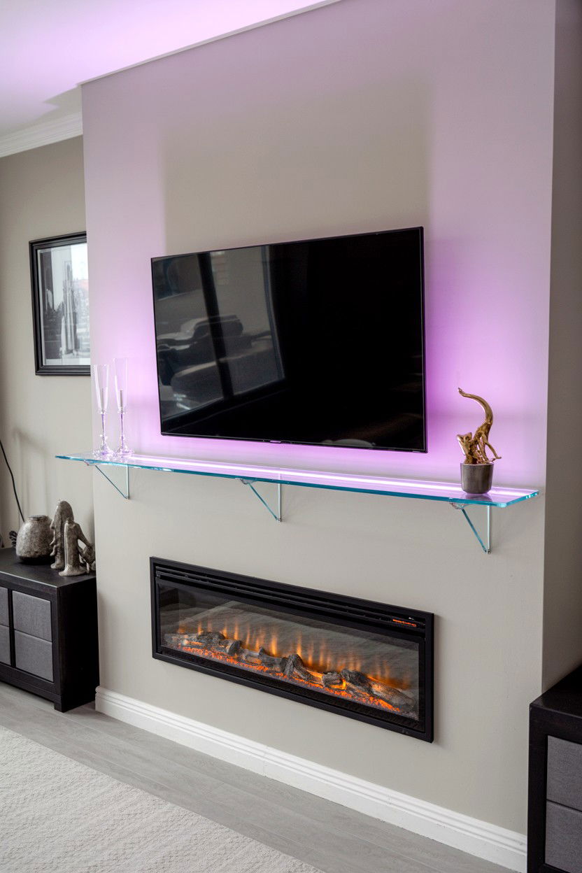 Floating Glass Shelf with LED Backlighting - 30 fireplace mantle ideas