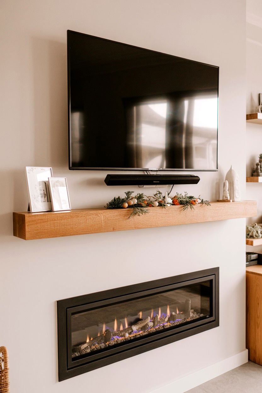 Floating Mantel with Tilting TV Mount - 30 tv over fireplace ideas