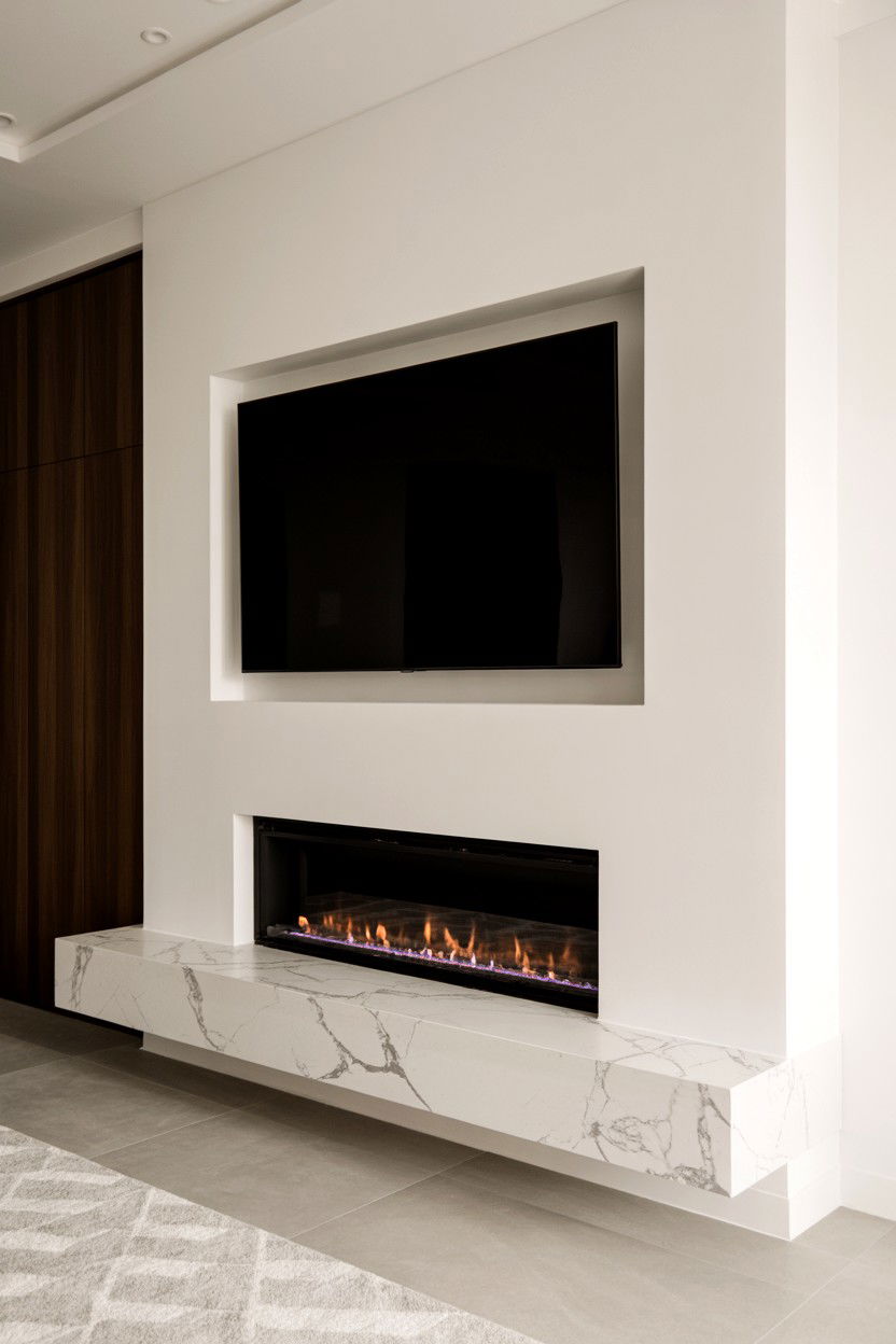 Floating Marble Hearth with Recessed TV Niche - 30 fireplace tv wall ideas