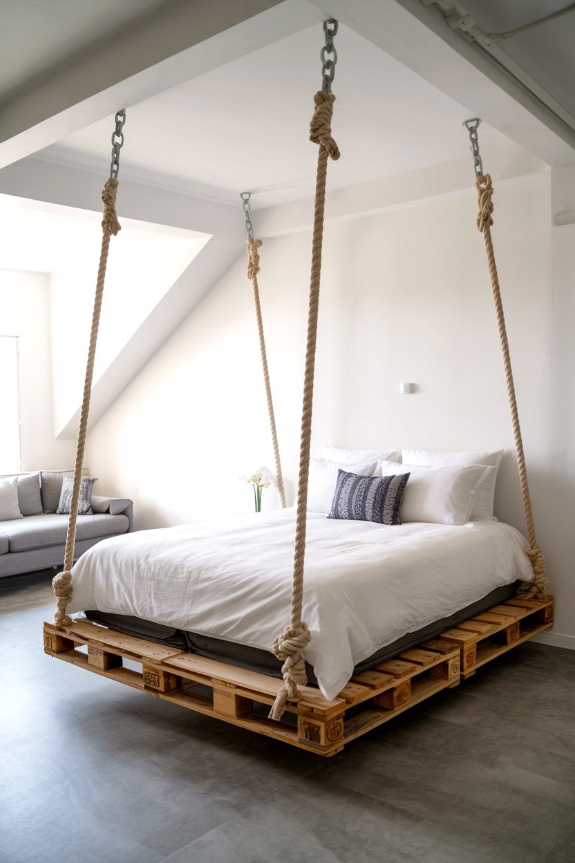 Floating Pallet Bed Suspended with Rope or Chain - 30 pallet bed ideas