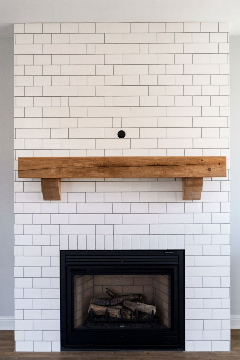 Floating Wood Mantel with Tile Surround - 30 faux fireplace ideas